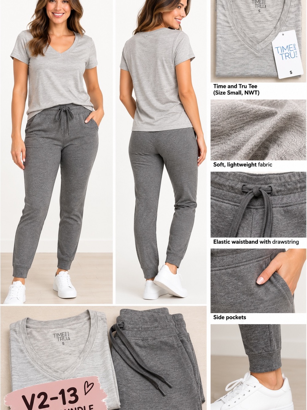 No Boundaries Gray Tapered Pants + Time and Tru V-Neck Tee Size Small